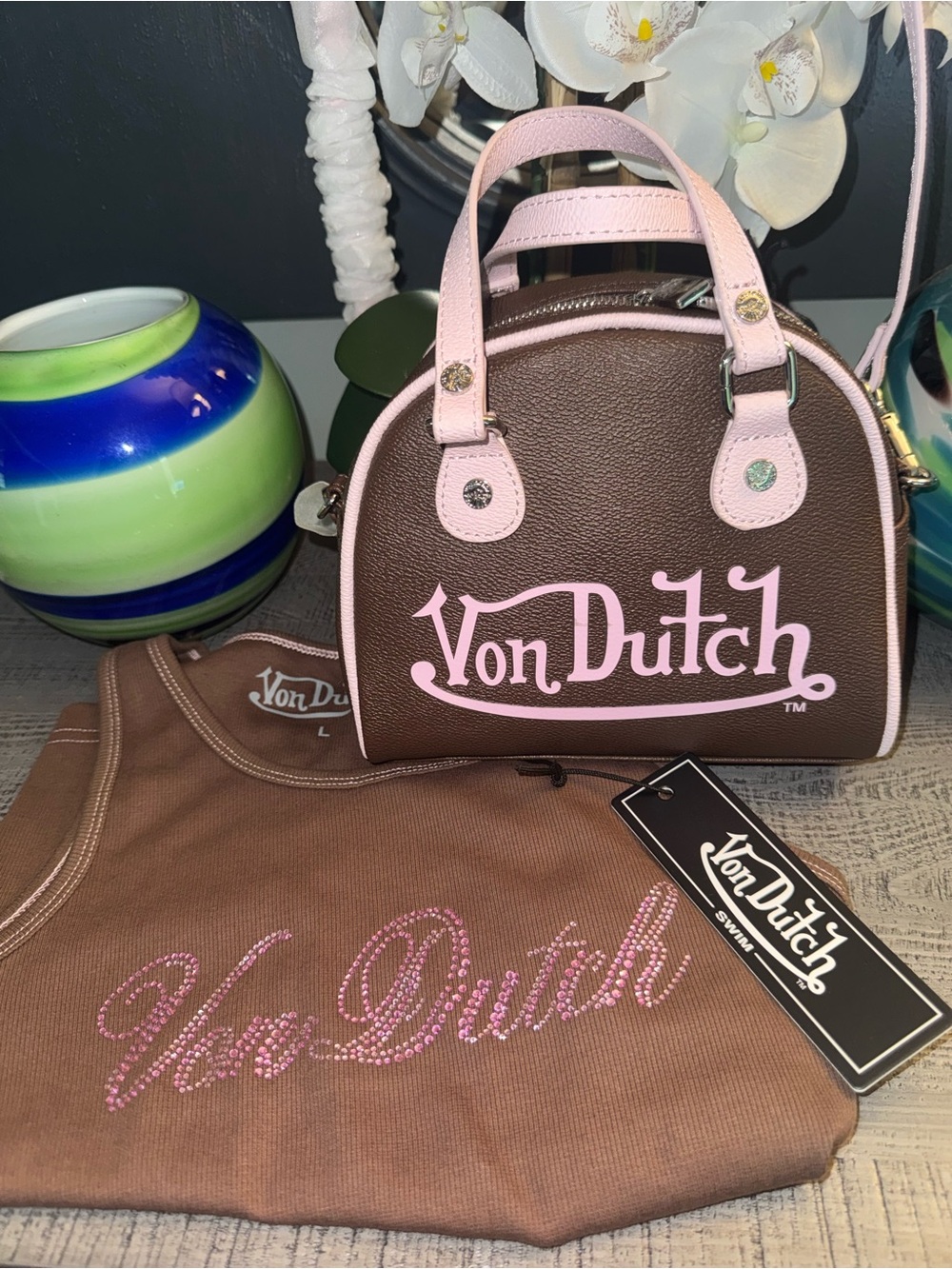 NWT Von Dutch Brown & Pink Mini Satchel Bag & Tank Top Set 💖